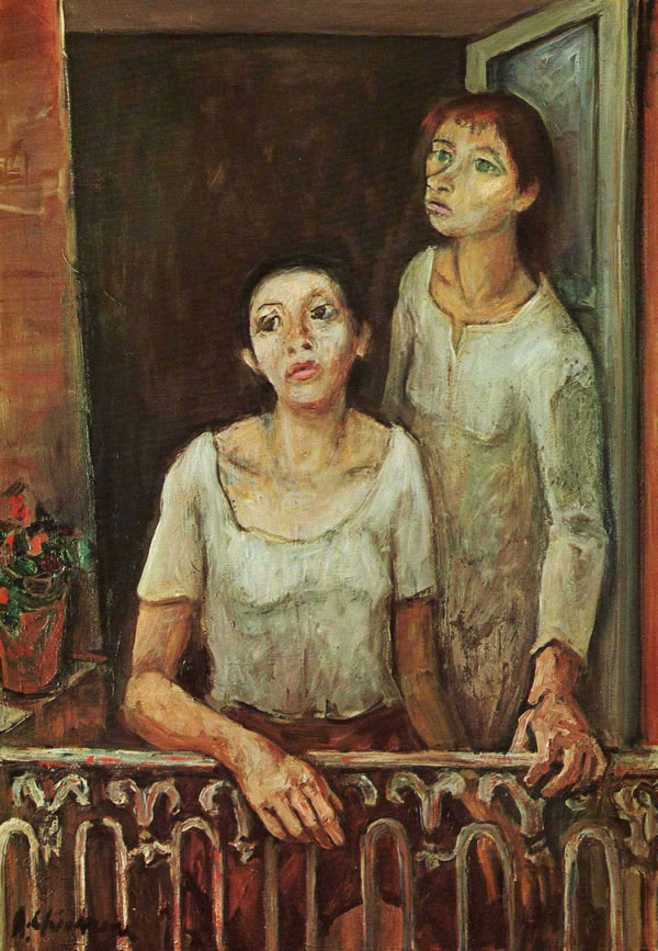 Donne al balcone, 1971-’72, olio su tela, cm 100x70, Bologna Galleria Cinquantasei